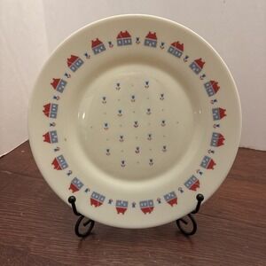 Arcopal France Village Bread Plate Milk Glass Red Blue Houses Tulips 7.5 Inch